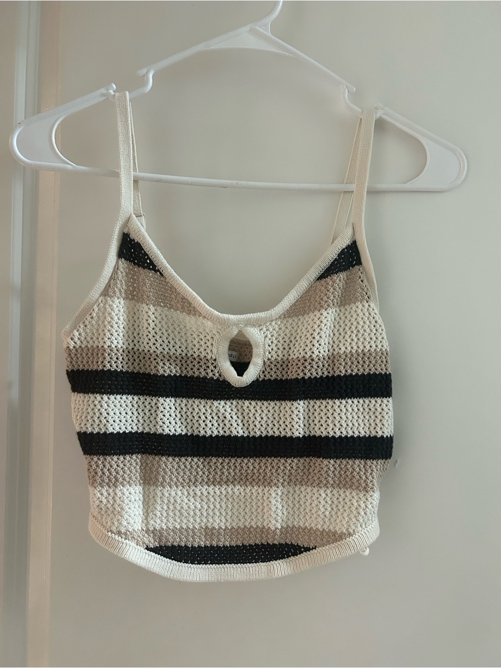 American Eagle Outfitters Cream, Black & Tan Striped Crochet Cami